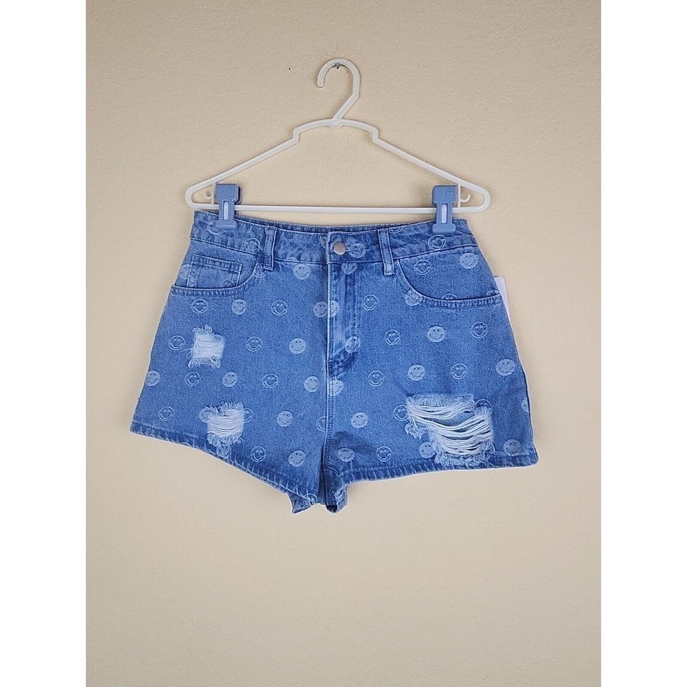 Nikki's Beachhouse Happy Face Distressed Denim Shorts Blue Smiley Print S NEW